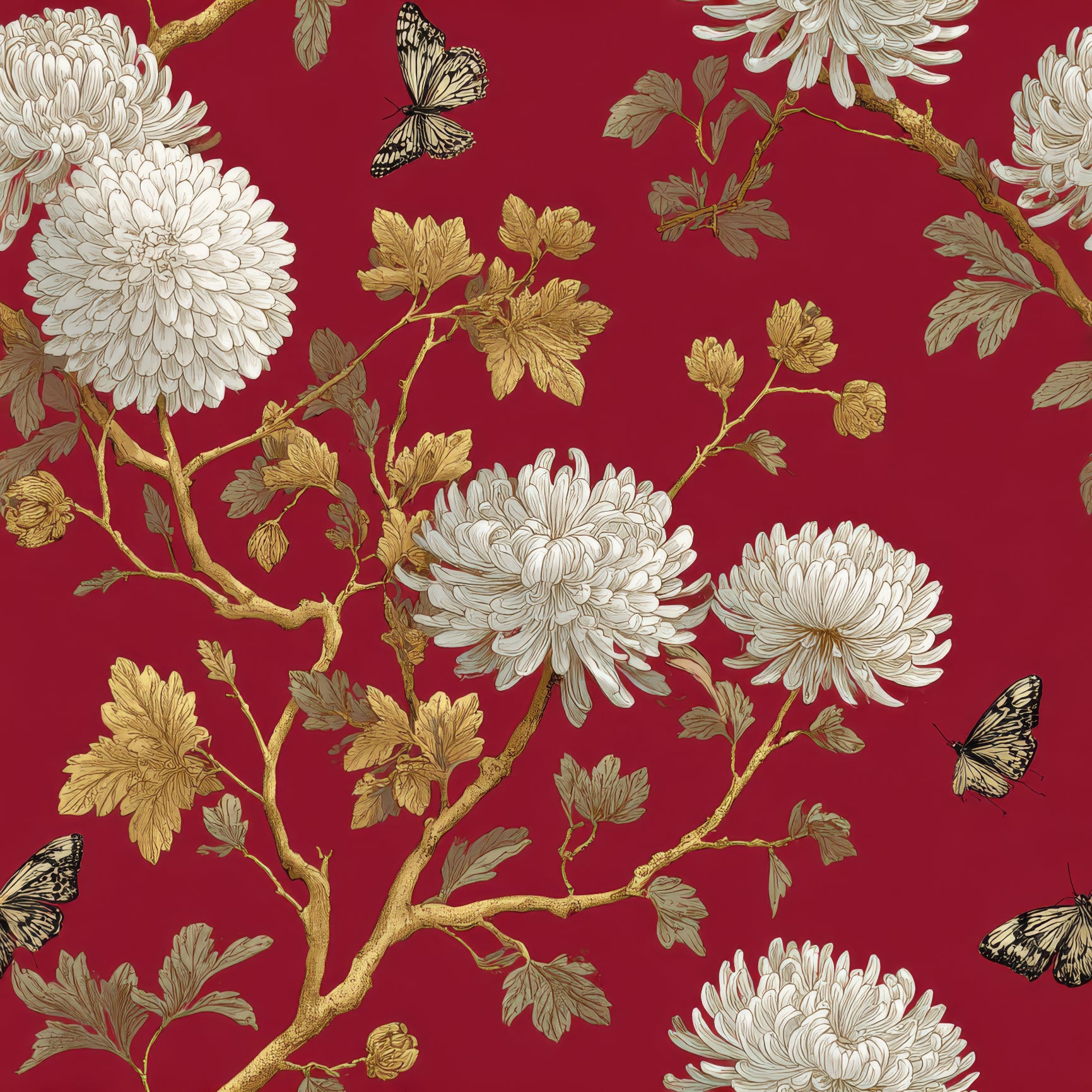 Floral wallpaper with a crimson backdrop, showcasing white chrysanthemums and golden foliage, alongside detailed butterfly accents.
