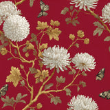 Floral wallpaper with a crimson backdrop, showcasing white chrysanthemums and golden foliage, alongside detailed butterfly accents.
