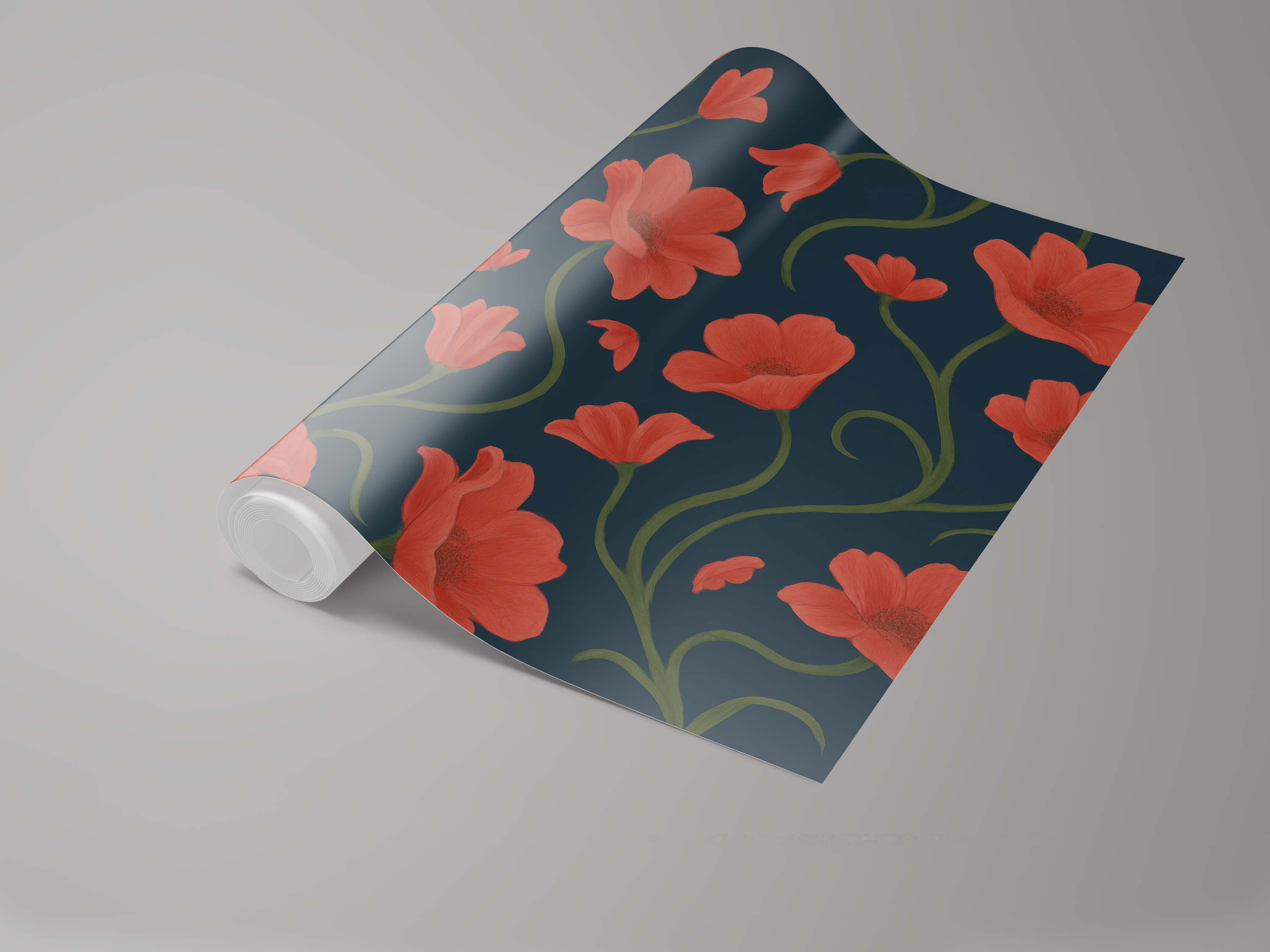 Floral wallpaper with a dark blue background featuring a red flower pattern.