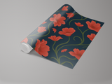 Floral wallpaper with a dark blue background featuring a red flower pattern.