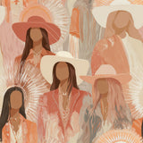 Desert Aurelia wallpaper featuring bohemian faceless figures in pastel colors, tan, and light brush stroke textures.