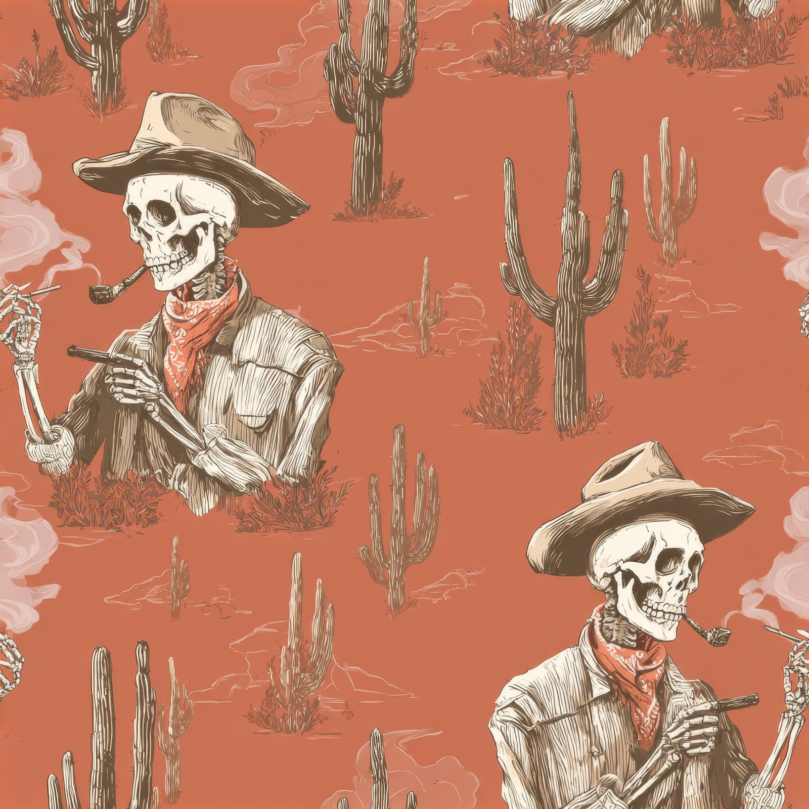 Desert Marrow wallpaper with skeleton cowboy pattern, smoking a pipe among desert cacti.