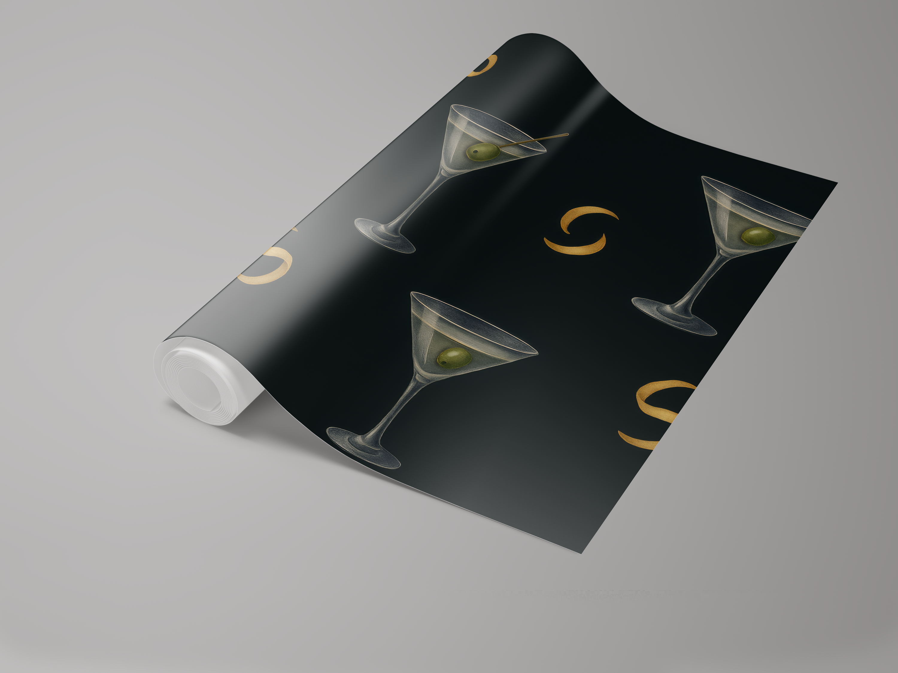 Dirty martini wallpaper, with black background, by featuring gold accents and a roll presentation.