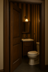 Striped wallpaper with brown and gold vertical stripes.