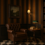Striped wallpaper with brown and black vertical patterns, shown in a dimly lit room with vintage decor.

