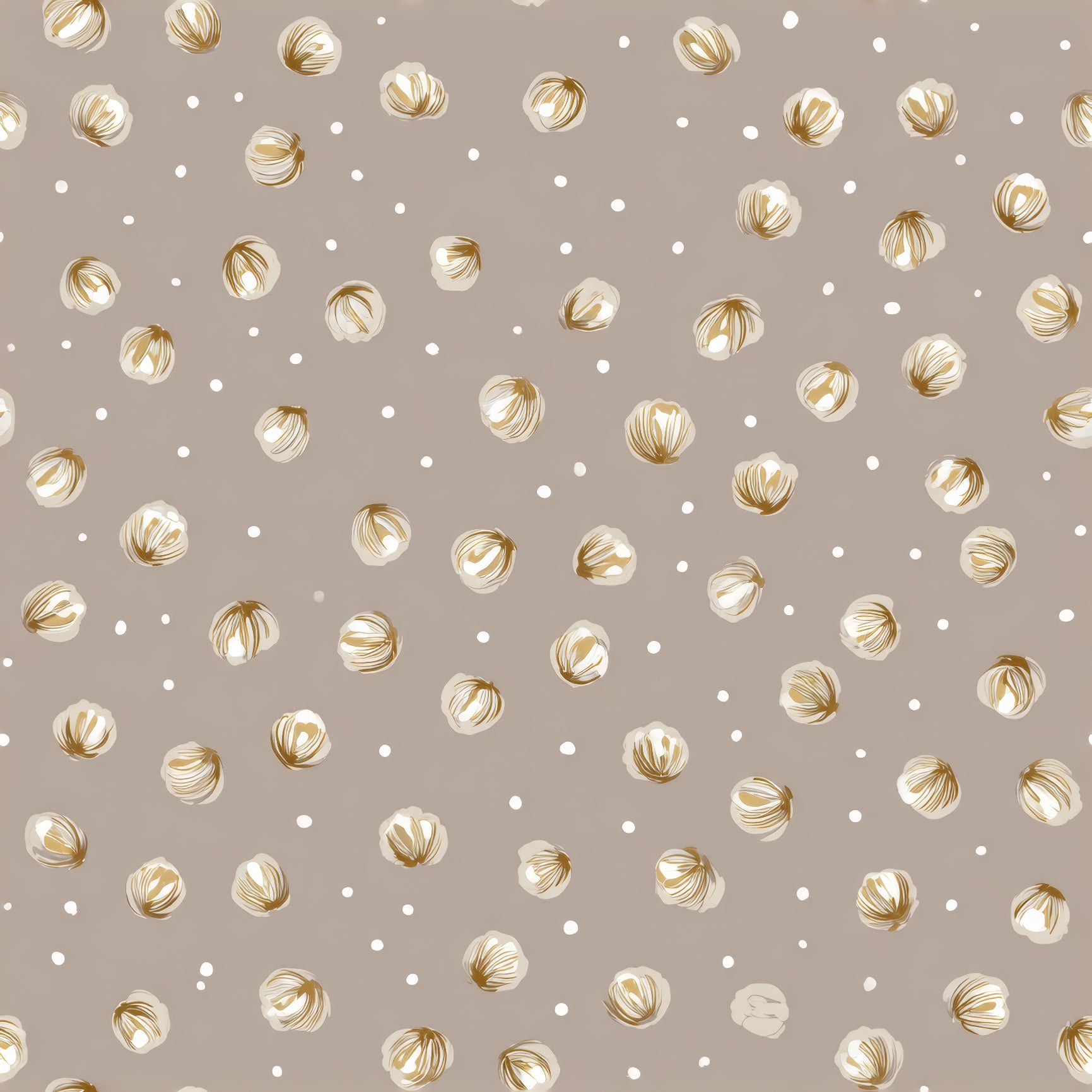 Patterned wallpaper with petal and dot motif on a taupe background.