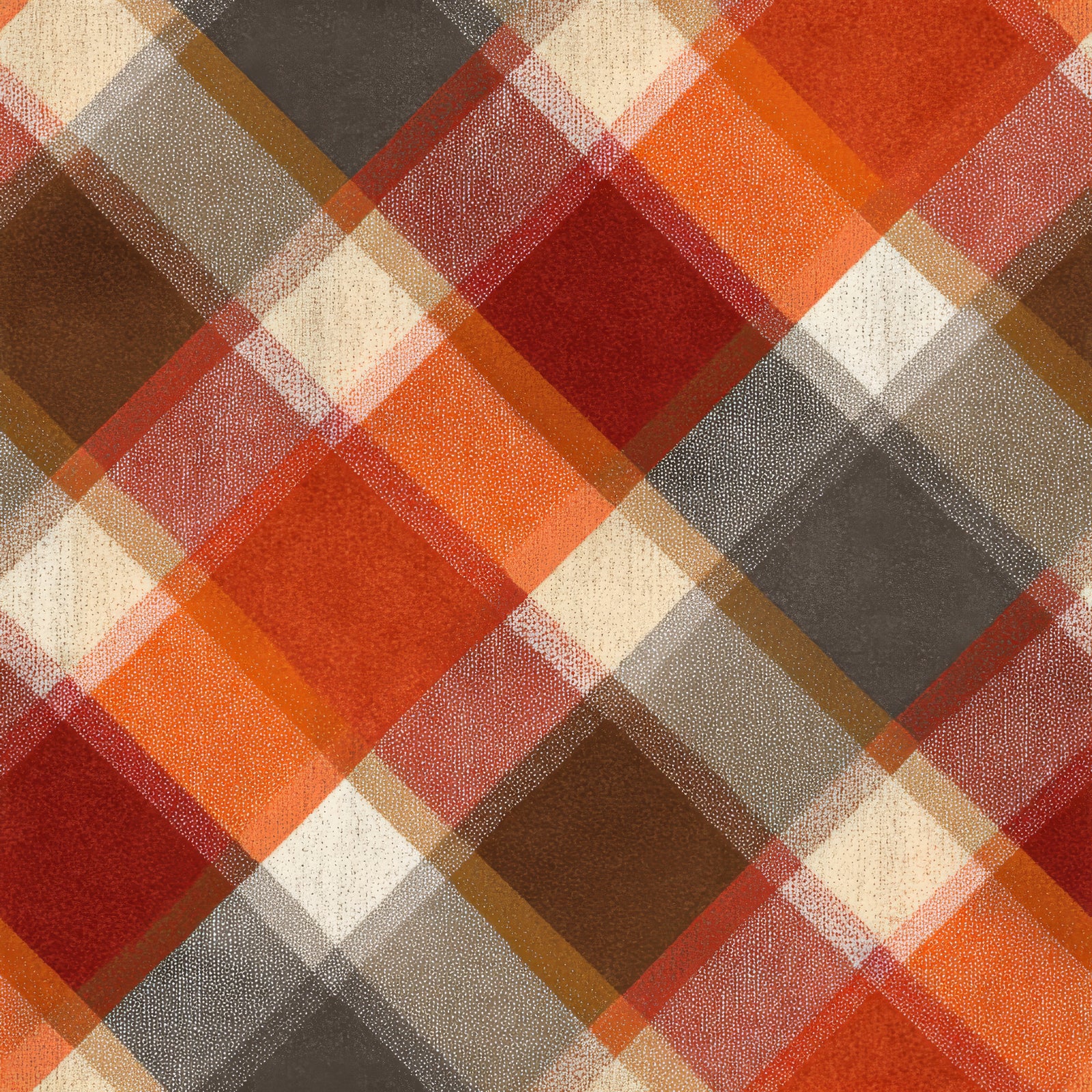 Homestead wallpaper with a repeating plaid pattern, featuring orange, brown, and beige hues.