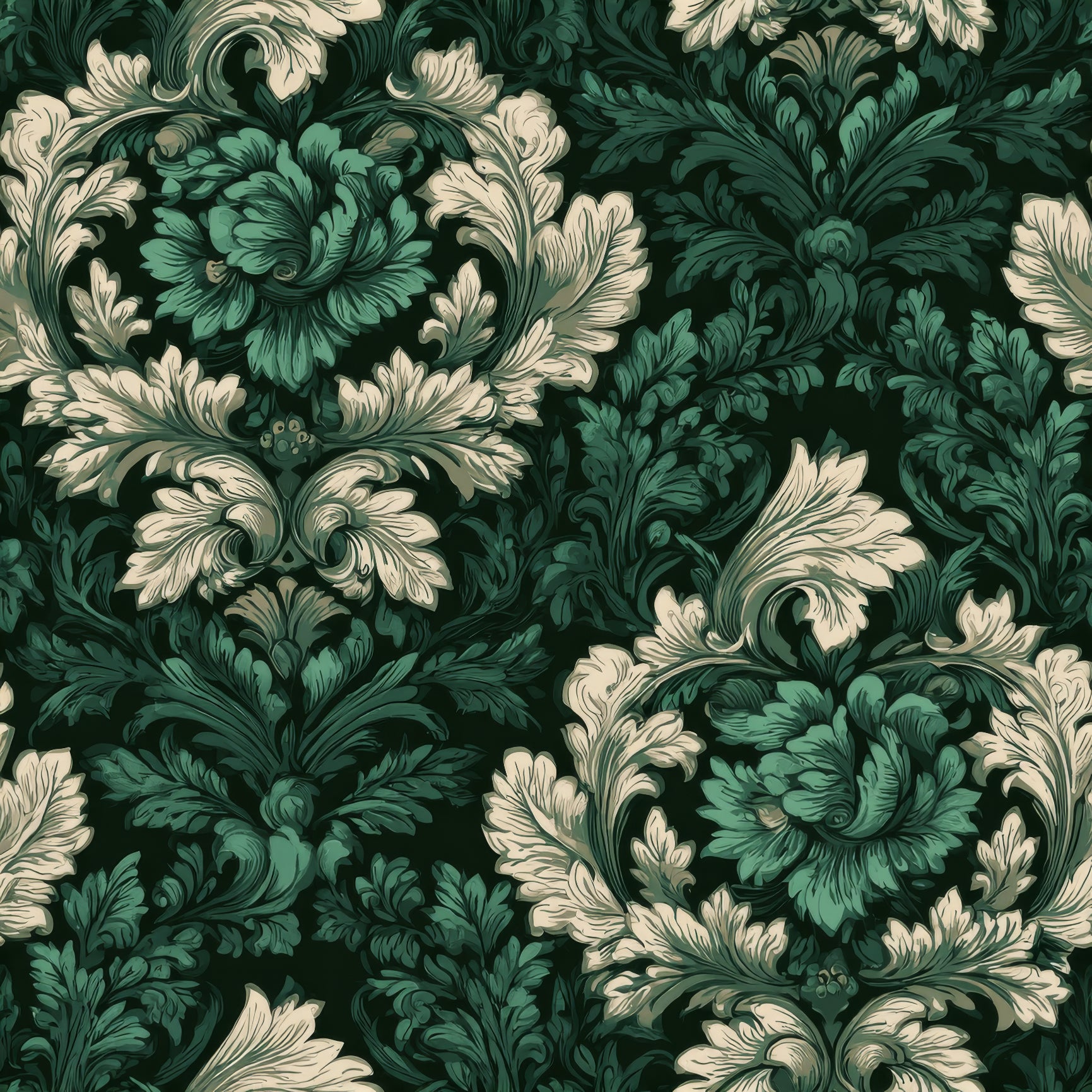 Emerald acanthus court wallpaper with floral damask pattern.
