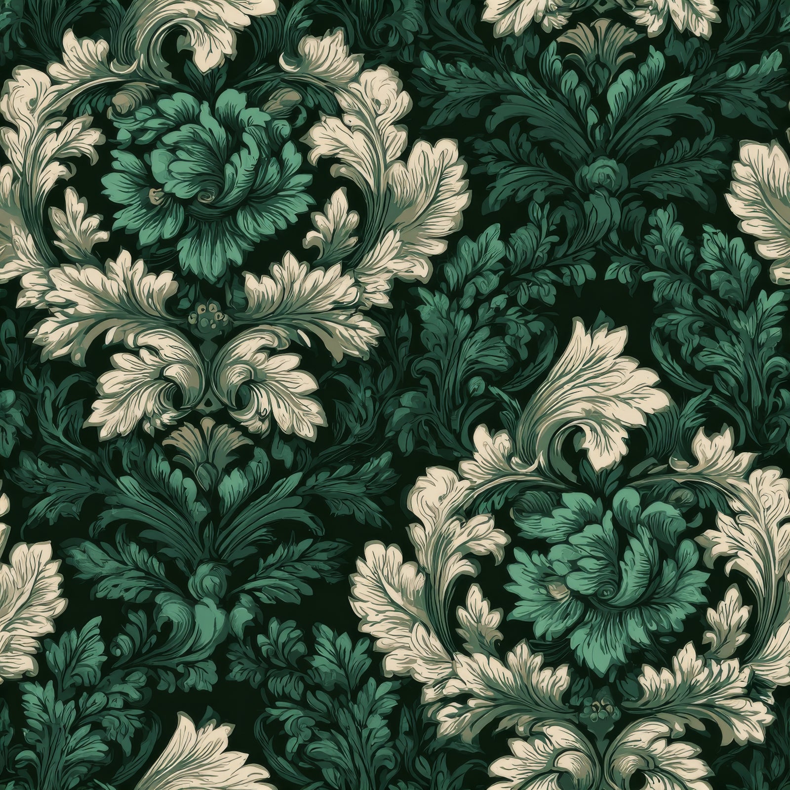 Emerald acanthus court wallpaper with floral damask pattern.
