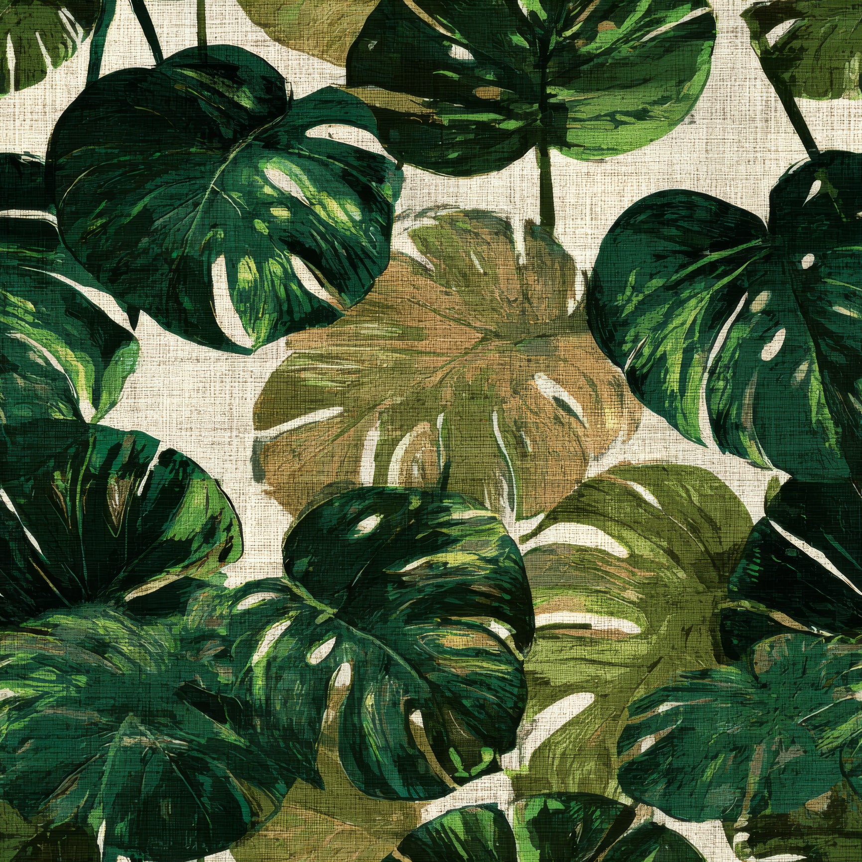 Green monstera leaf wallpaper with a canvas texture.