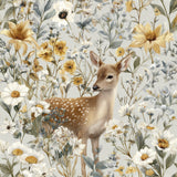 Floral pattern wallpaper with a fawn by Fawnlight, featuring yellow and white flowers with gray-green foliage.