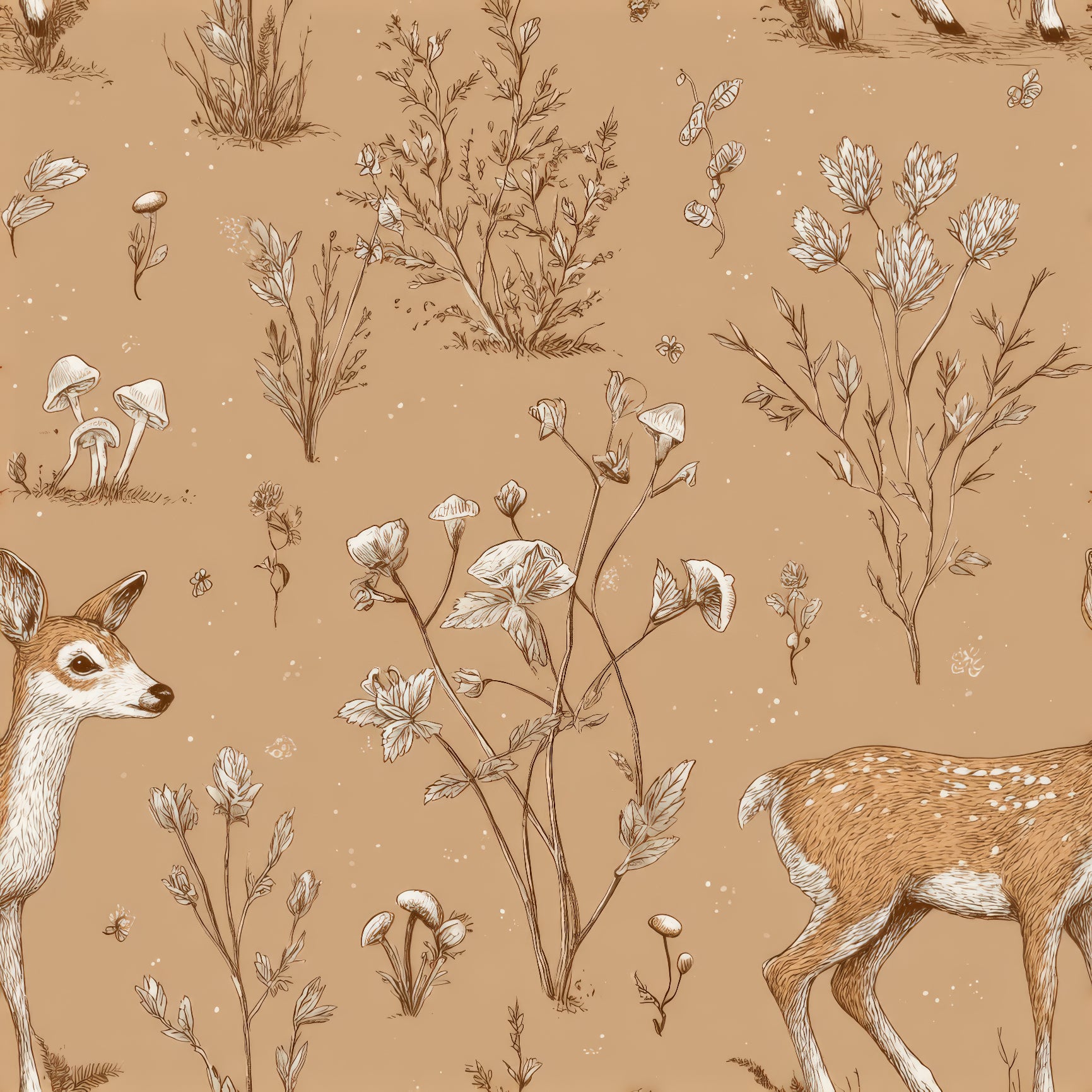 Sketch wallpaper with a fawn and flora pattern.