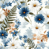 Floral pattern wallpaper with blue and white blossoms, by Seabrook Designs, featuring fern accents.

