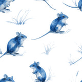 Patterned wallpaper with blue fieldmouse drawings, including grass details.