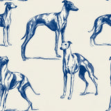 Hound dog wallpaper with navy sketches on a cream background.