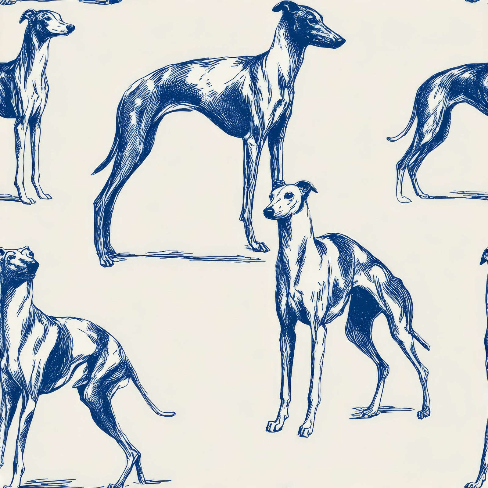 Hound dog wallpaper with navy sketches on a cream background.