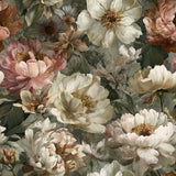 Floral Fleur d’Ambrelune Wallpaper with large blooms in shades of cream, peach, and coral, accented with green leaves.