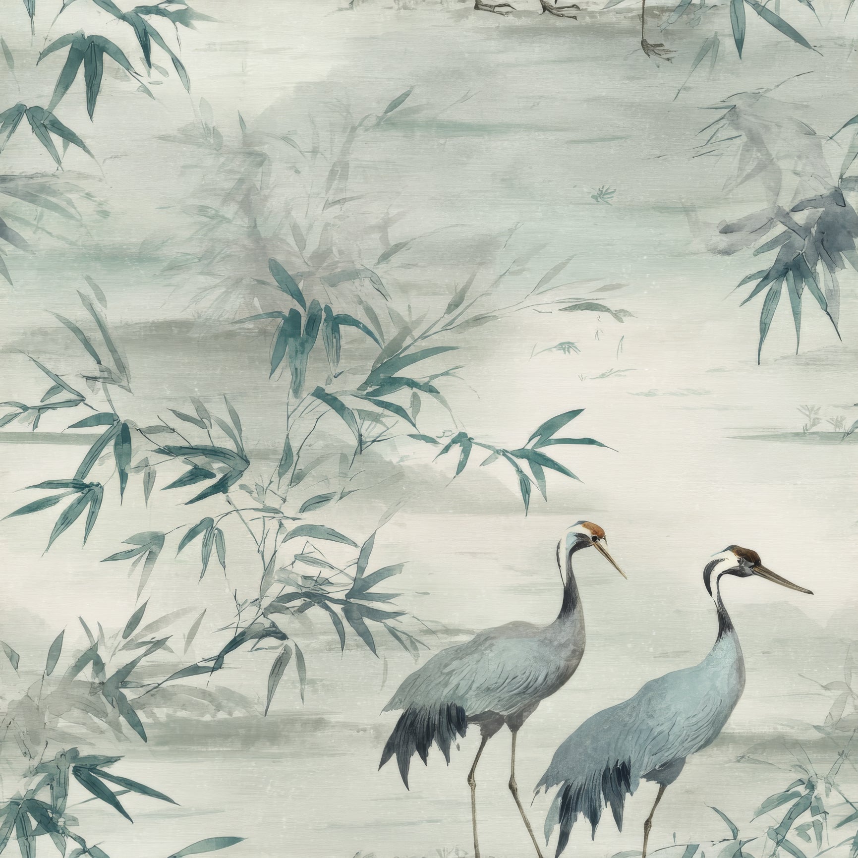 Mist green crane patterned wallpaper from Brewster Wallcovering, featuring bamboo leaves in a chinoiserie style.