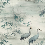 Mist green crane patterned wallpaper from Brewster Wallcovering, featuring bamboo leaves in a chinoiserie style.