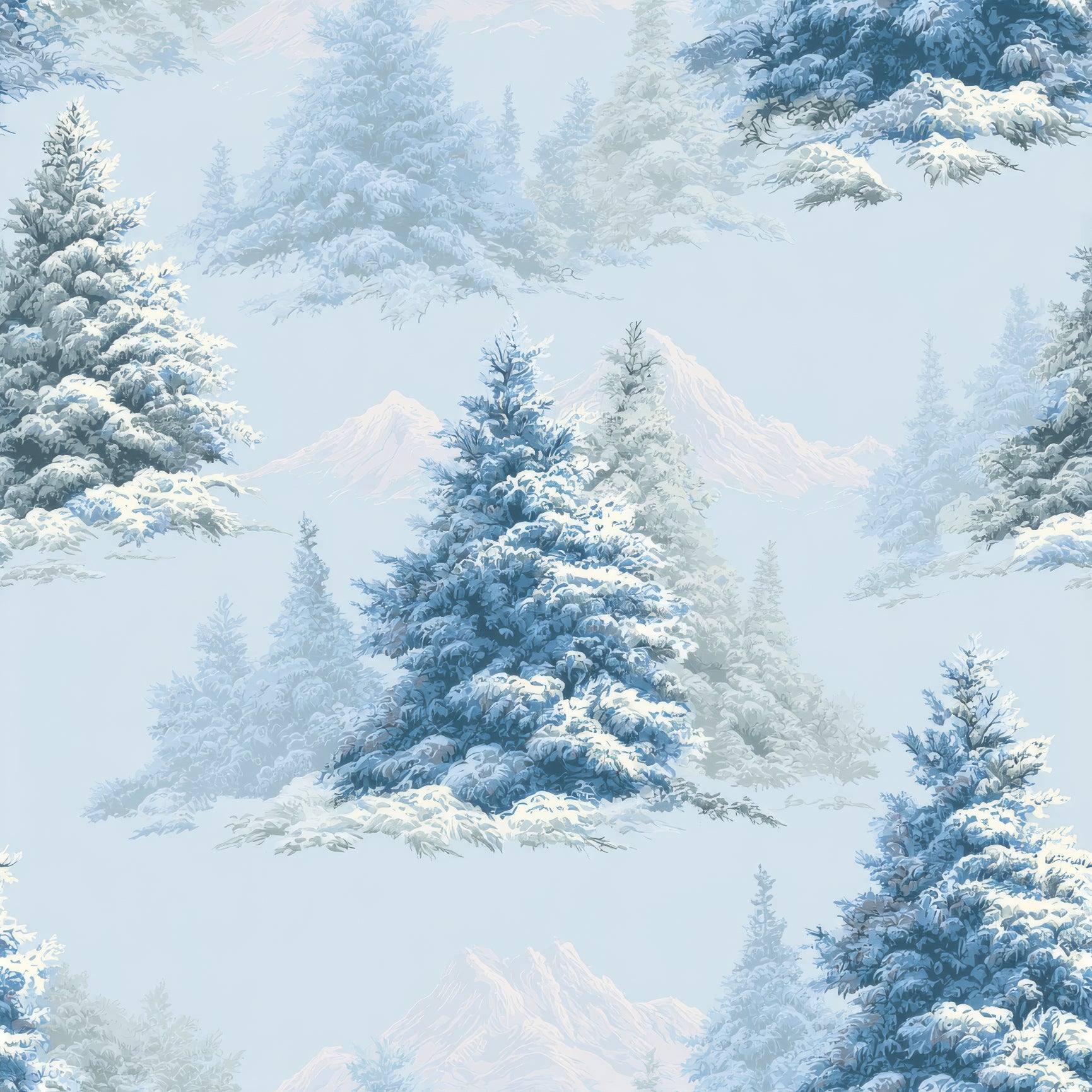 Frostpine Valley Wallpaper with snow-covered pine tree and mountain pattern.
