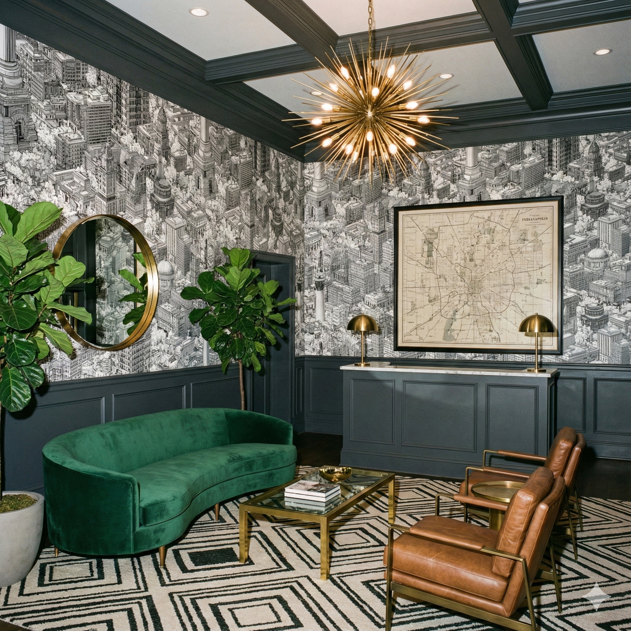 Black and white Capitol Square Cluster Wallpaper with a detailed cityscape pattern covering the entire wall.
