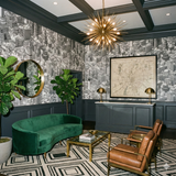 Black and white Capitol Square Cluster Wallpaper with a detailed cityscape pattern covering the entire wall.
