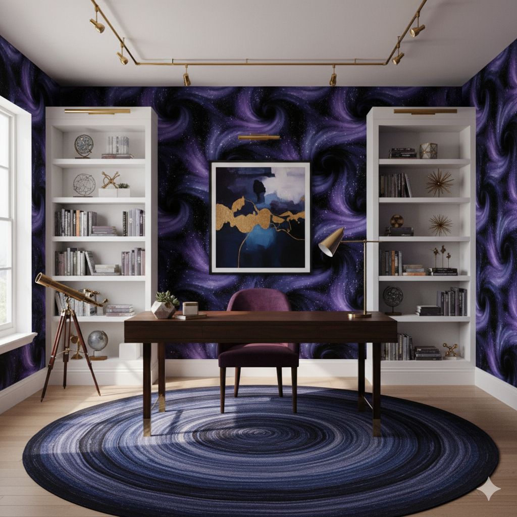 Eventide Spirals Wallpaper with a swirling purple and black pattern.