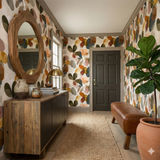 Garden Fragments Wallpaper with colorful abstract shapes on a white background.