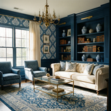 Blue and white patterned wallpaper with a damask design, covering the wall and moulding around a window.