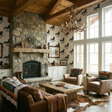 Gallop and ink wallpaper with repeating black horse pattern, covering walls in a rustic interior setting.