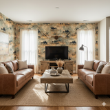 Cattlebrush Crossing Wallpaper with brown cattle print, decorating a western style living room.