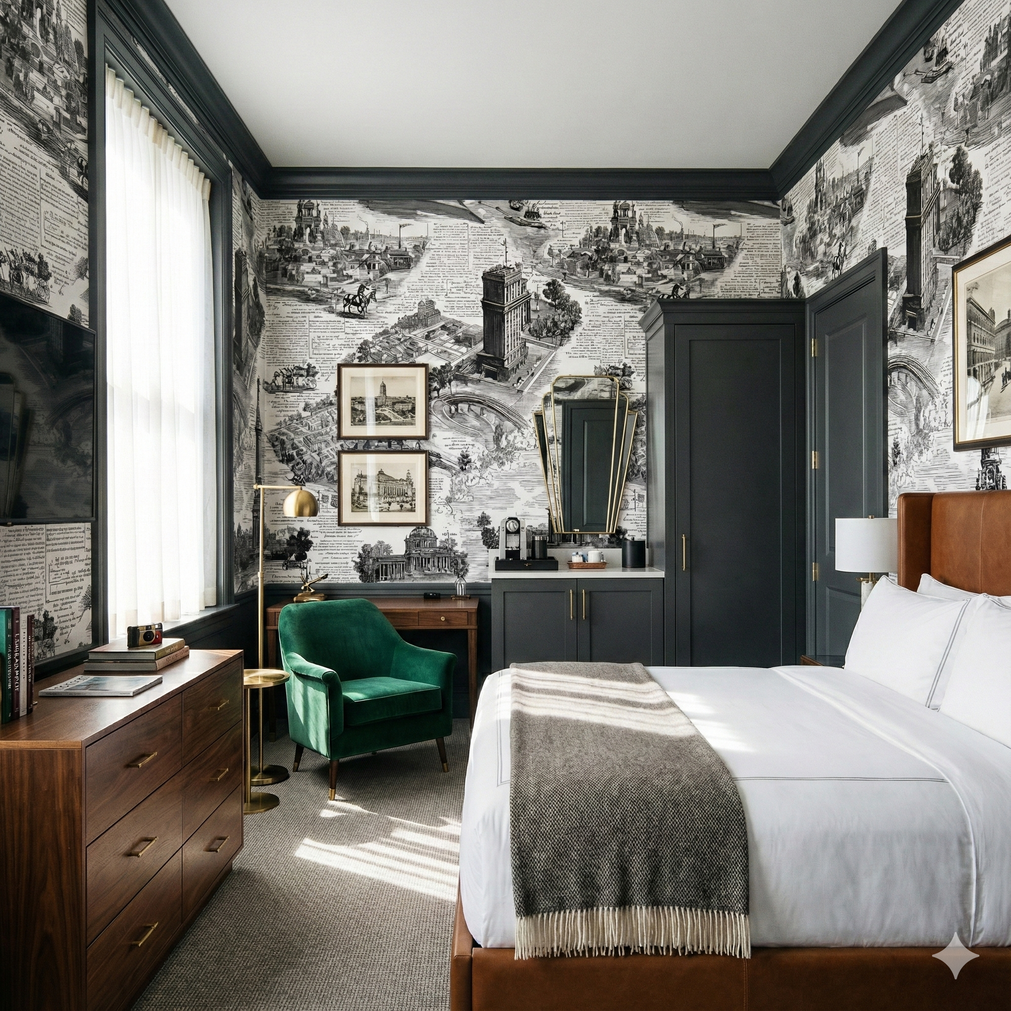 Patterned wallpaper with architectural drawings on a text background, showing a bedroom.
