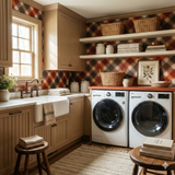 Plaid Emberline Homestead Wallpaper with red and brown hues, creating a warm, rustic laundry room backdrop.
