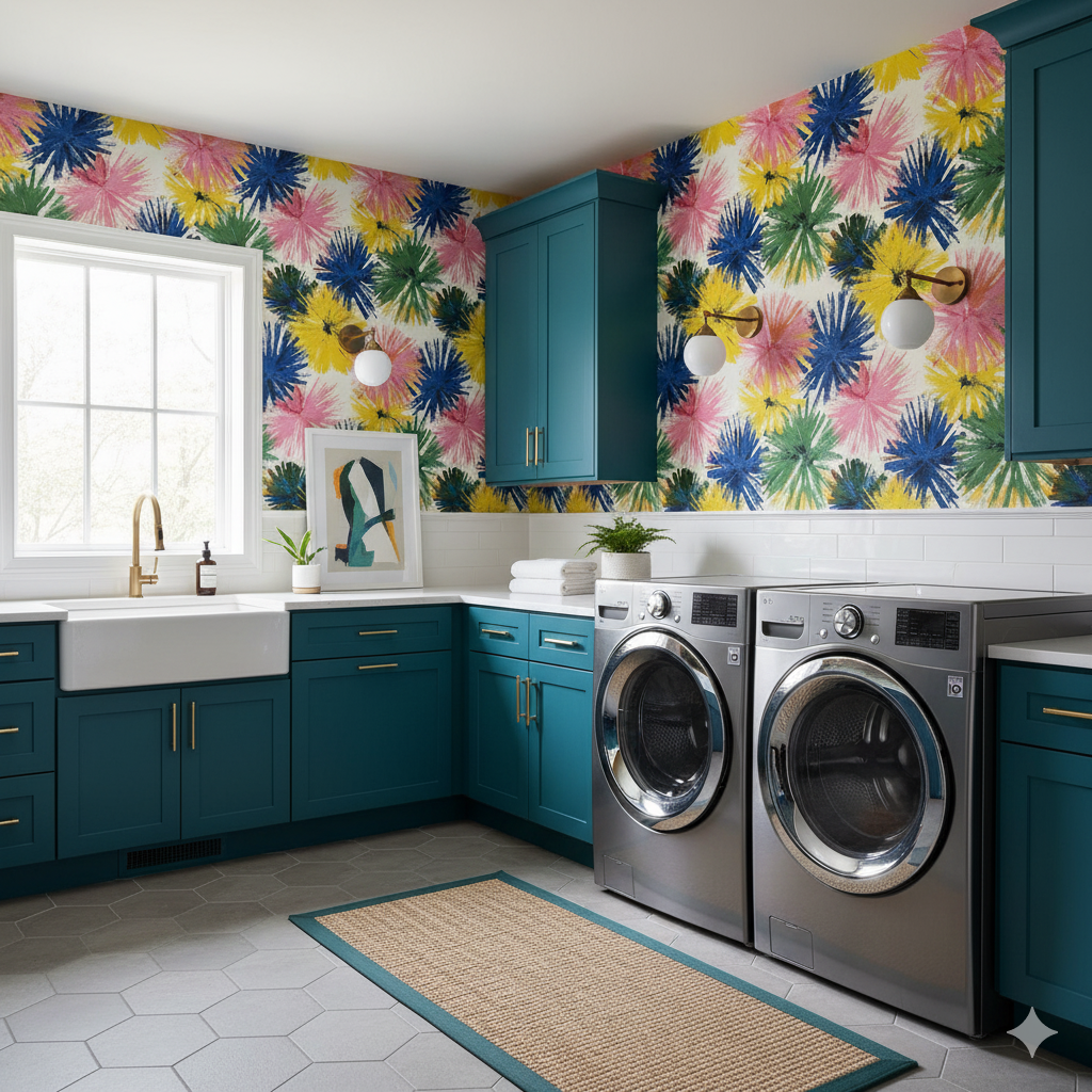Floral patterned Fireflower Field Wallpaper with flowers by RoomMates in a laundry room setting.