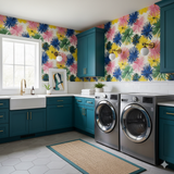 Floral patterned Fireflower Field Wallpaper with flowers by RoomMates in a laundry room setting.