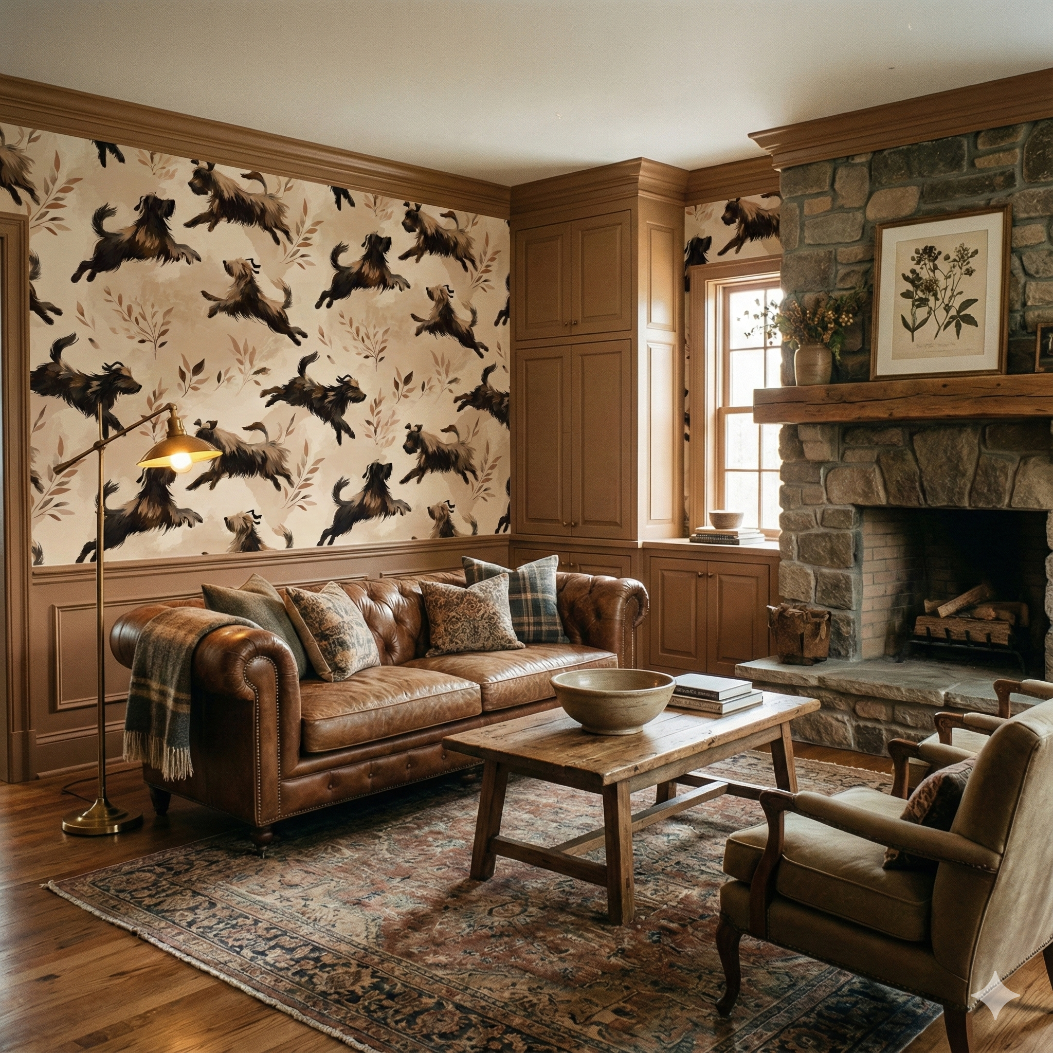 Patterned wallpaper with a dog and foliage design, covering the walls above paneled wainscoting.