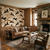 Patterned wallpaper with a dog and foliage design, covering the walls above paneled wainscoting.