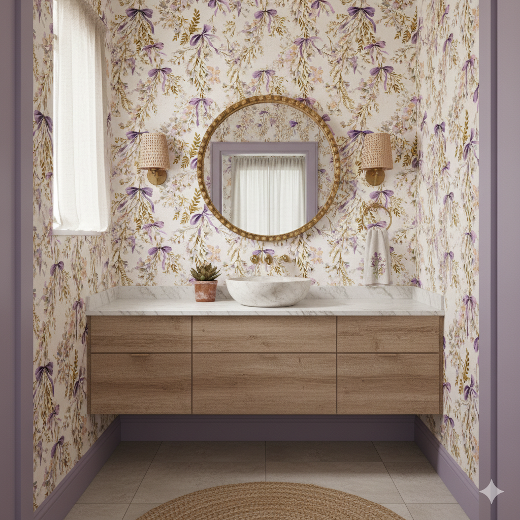 Violet Fête Wallpaper with floral and ribbon pattern, covering a bathroom wall with a mirror and vanity.
