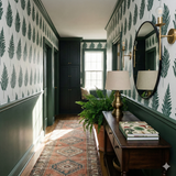 Northfield Fern Wallpaper with green leaf pattern, covering the wall above a hallway with console table.