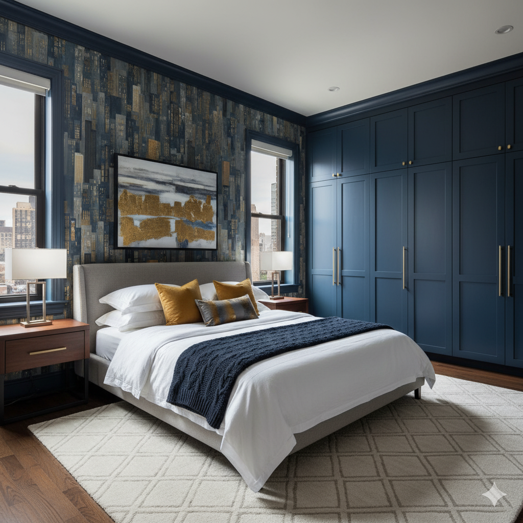 Manhattan Meridian wallpaper with a city building pattern, covering a bedroom wall with windows.