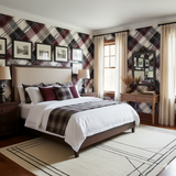 Marlowe Plaid Wallpaper with black, grey, and burgundy pattern on an accent wall in a styled bedroom.