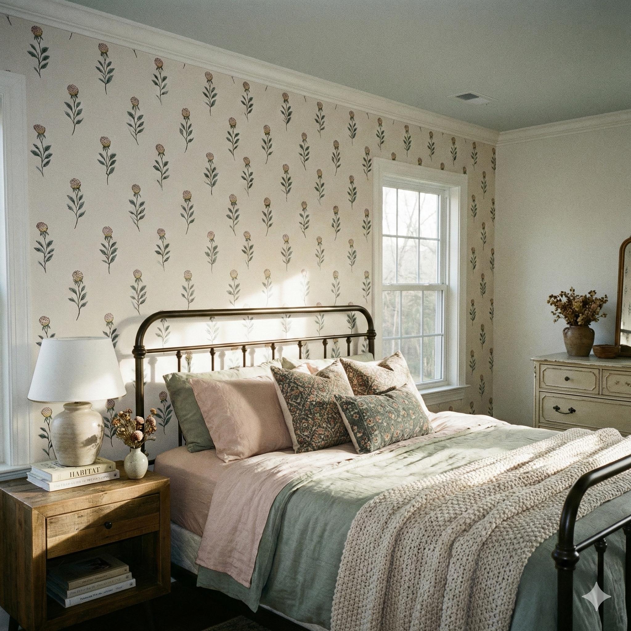Floral column wallpaper with a quiet bloom pattern, on a bedroom wall with natural lighting.