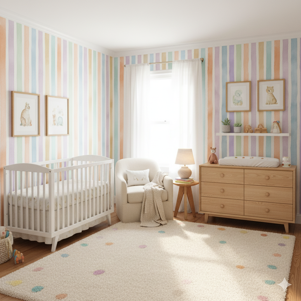 Pastel Promenade Wallpaper with colorful vertical stripes, creating a whimsical aesthetic for a nursery.