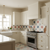 Heirloom Quilt Stars wallpaper with a quilt-inspired pattern of blue and red stars.
