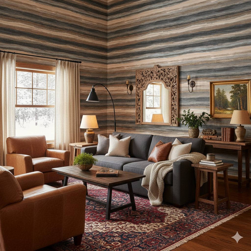Horizon pattern wallpaper with horizontal stripes in neutral tones.