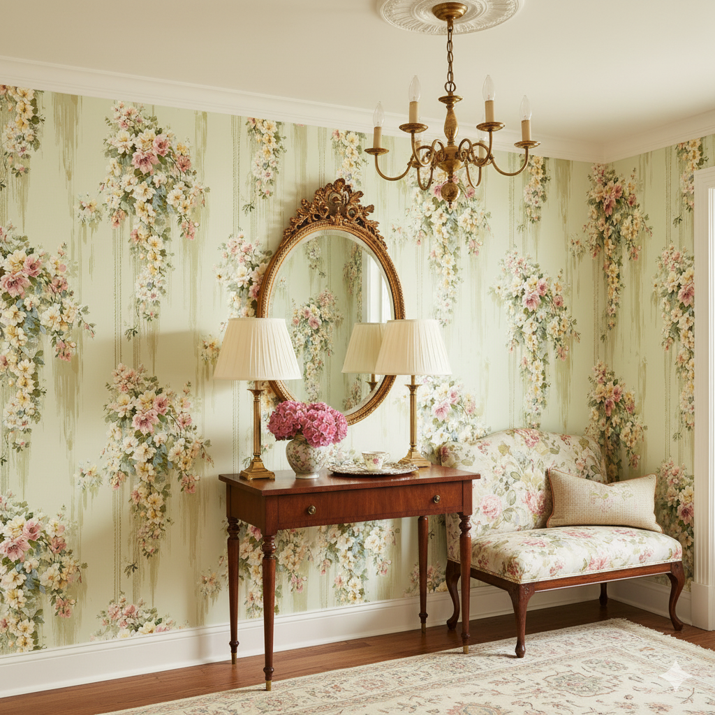 Floral wallpaper from Maison de Lys with a pastel color scheme and an elegant pattern.