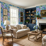 Floral Isle of Hyacinth Wallpaper with blue and purple hydrangea pattern.
