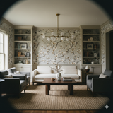 Ashen Bloom Wallpaper with a subtle floral pattern, covering the walls in a styled living room.