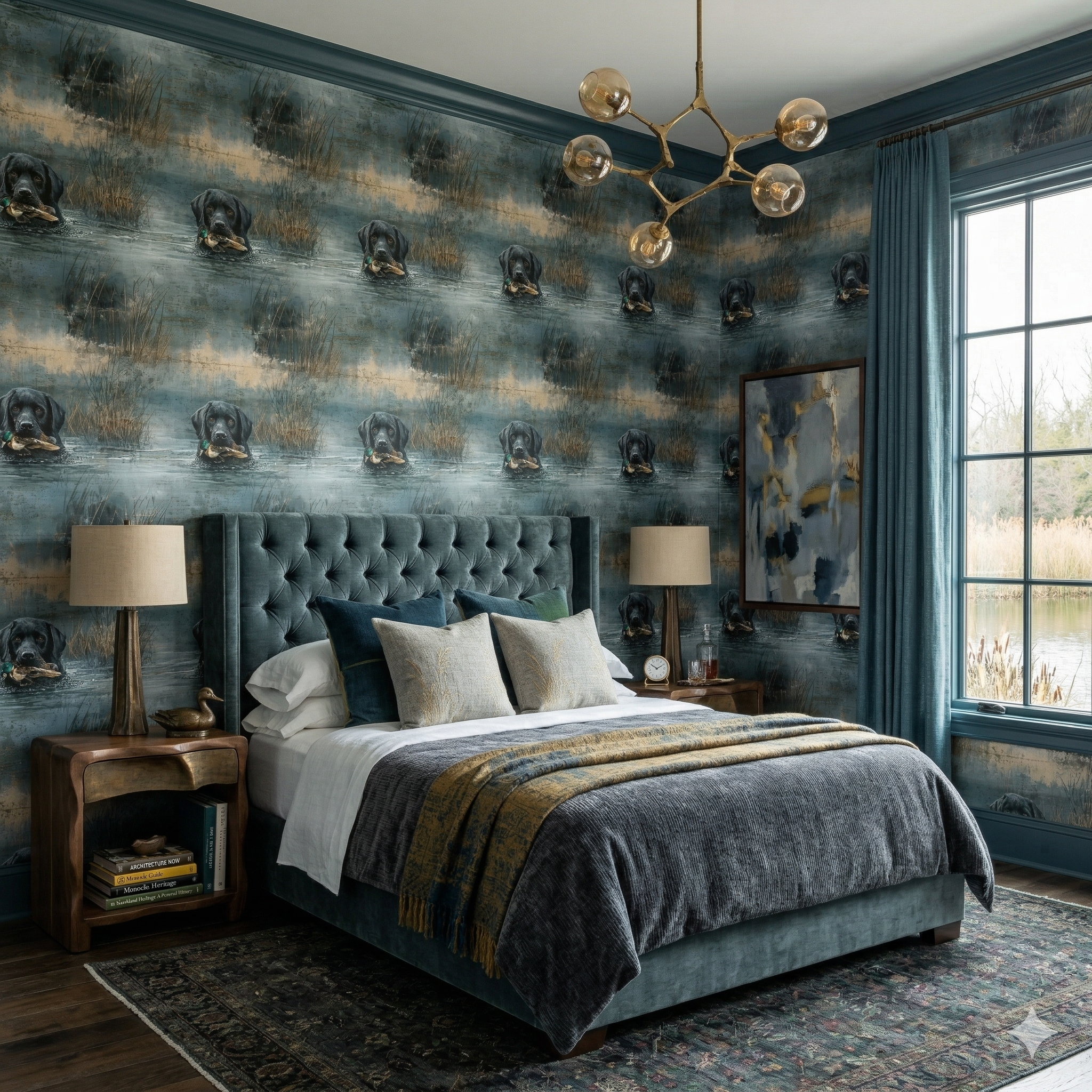 Brackenmoor Still Wallpaper with a duck-hunting dog pattern, decorating a bedroom.
