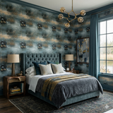 Brackenmoor Still Wallpaper with a duck-hunting dog pattern, decorating a bedroom.
